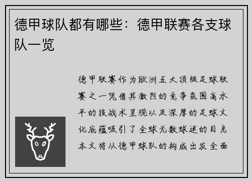 德甲球队都有哪些：德甲联赛各支球队一览