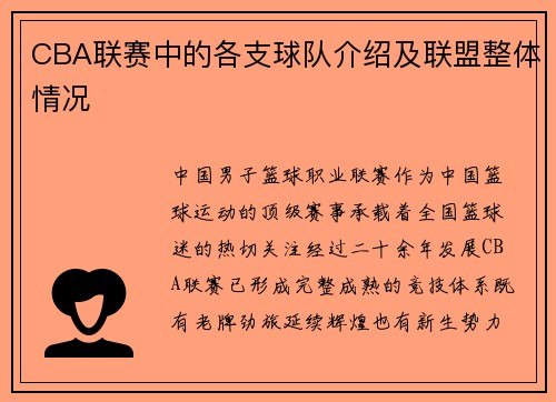 CBA联赛中的各支球队介绍及联盟整体情况