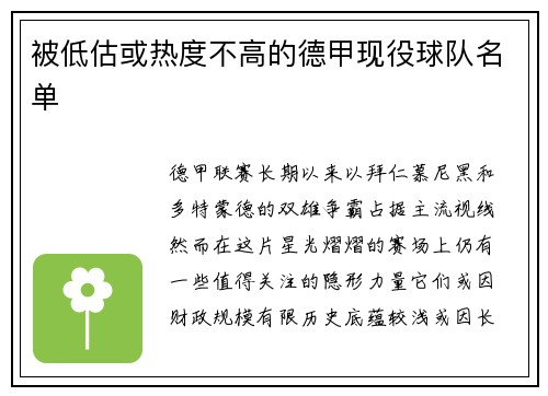 被低估或热度不高的德甲现役球队名单